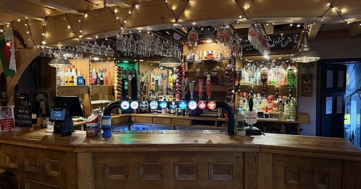 BB's Bar at Jan'z: a wooden bar with a row of beer taps, glasses hanging above and fairy lights along the beams.